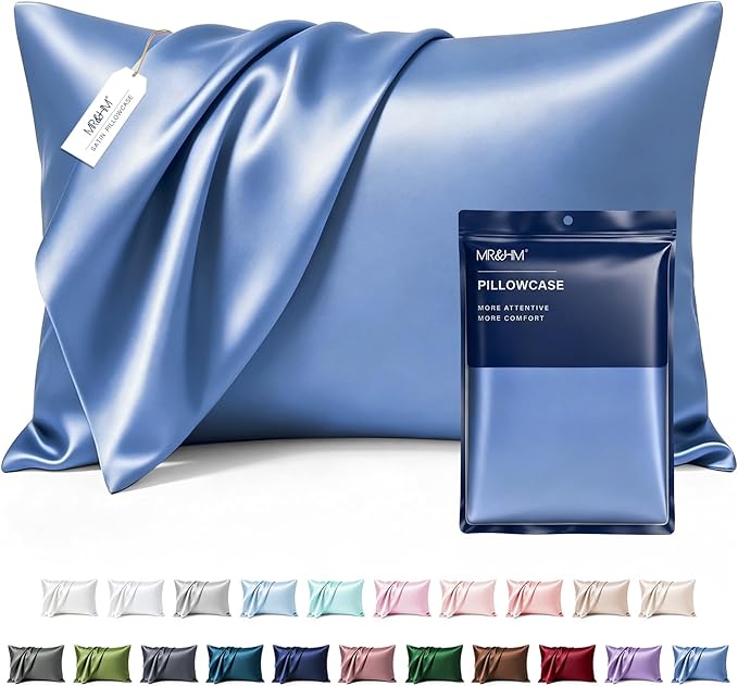 MR&HM Satin Pillowcase for Hair and Skin, Silk Satin Pillowcase 2 Pack, King Size Pillow Cases Set of 2, Silky Pillow Cover with Envelope Closure (20x36, Sky Blue)