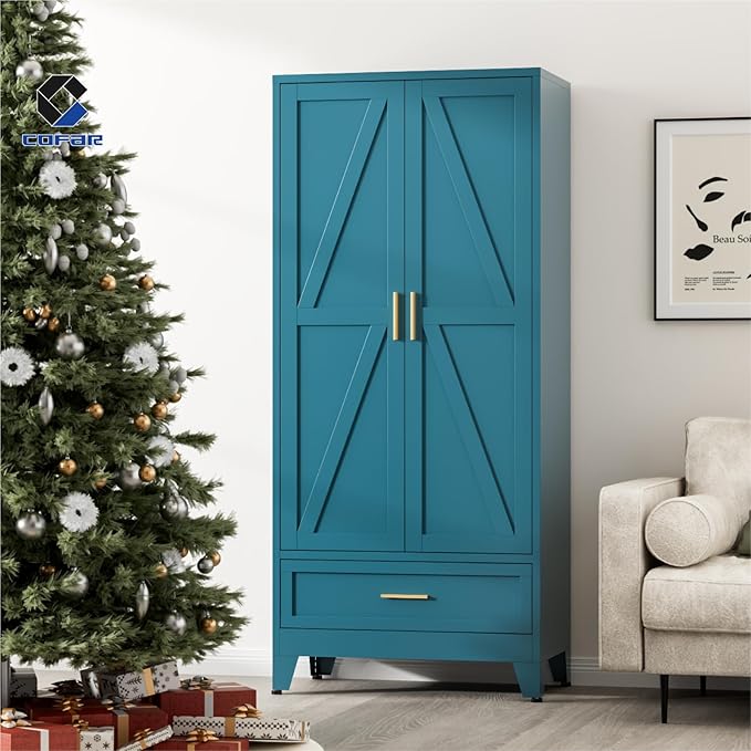 COFaR Metal Wardrobe Closet with Doors, 71'' Tall Farmhouse Bedroom Armoires with Drawer and Hanging Rod, Freestanding Steel Wardrobe Cabinet Coat Closet for Bedroom, Peacock Blue