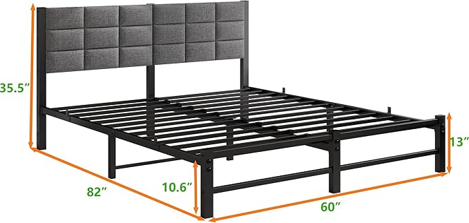 Queen Bed Frame with Headboard - Sturdy Metal Platform Bed Frames Queen Size with Storage Space Under Frame,No Box Spring Needed,Strong Steel Slats Support,Grey