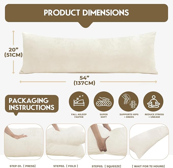 Body Pillow for Adults with Removable Pillowcase，Memory Foam Fluffy Body Pillows for Side Sleepers, Back Pain, Pregnancy, Large Long Pillow Full with Cover for Bed,20x54 Inch, Cream