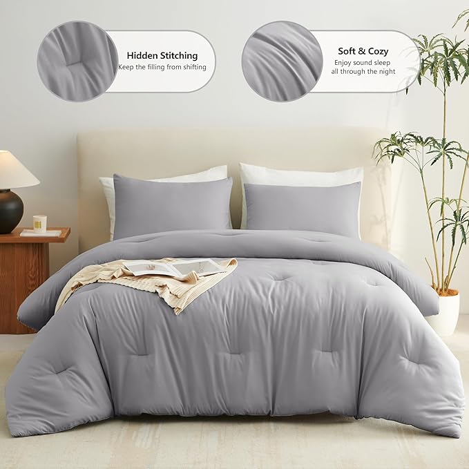 CozyLux King Size Comforter Set Grey, 3 Pieces Solid Comforters King Size Breathable Quilted Bedding Sets, Gray Luxury Soft Lightweight Bed Set with Down Alternative Comforter and 2 Pillowcases