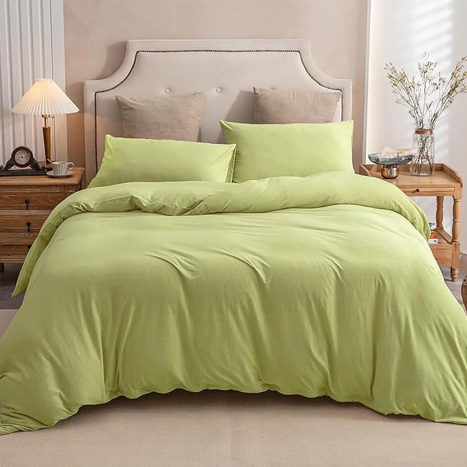 PURE ERA Jersey Knit Duvet Cover Set 100% T-Shirt Cotton Super Soft Comfy 2pc Bedding Set with Zipper Closure (Yellow Green, Twin)