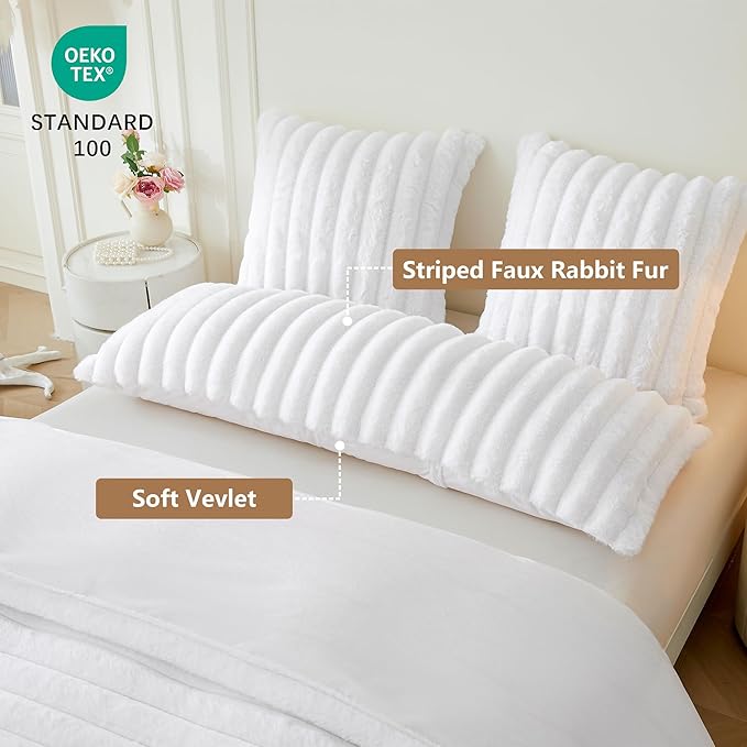 MEGO Fluffy Faux Rabbit Fur Body Pillow Cover, Soft Plush Fuzzy Wide Striped 20x54 Zippered Body Pillowcase, Decorative Shaggy Furry Bedroom Long Pillow Cover for Pregnant Women Side Sleeper, White