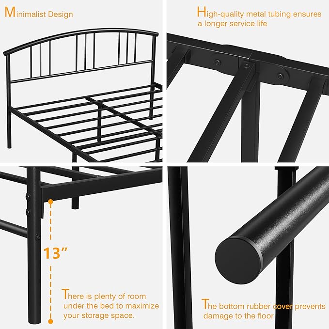VECELO Queen Bed Frame with Headboard and Footboard, 14 Inch Metal Platform Mattress Foundation, Sturdy Premium Steel Slat/No Box Spring Needed