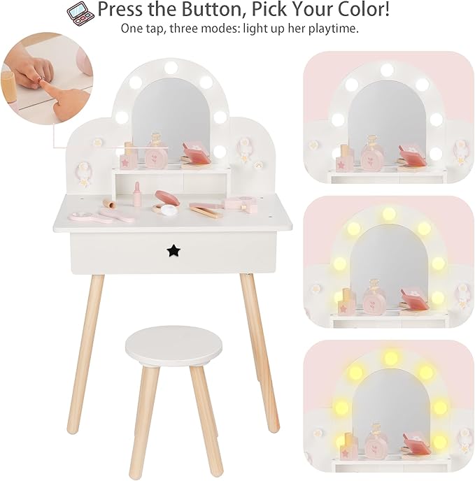 Leeshyah Kids Vanity Set for Little Girls with Touch-Button 3-Color Light Mirror, Wooden Pretend Play Makeup Table with 11 Accessories, Toddler-Sized Beauty Desk for Ages 3+