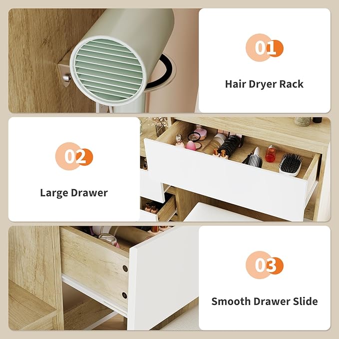 Vanity Desk with Mirror and Lights - 36" Vanity Table Set with 4 Drawers, Power Outlet, USB Ports, Stool, Dressing Table with 3 Lighting Color Adjustable for Bedroom, Women,