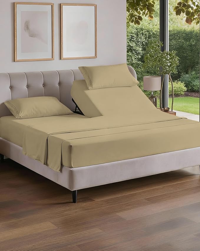 Flex Top Split Head King 4 Piece Sheet Set - Ultra-Soft, Breathable & Cooling Bed Sheets Set - Hotel Luxury Bedding for Women & Men with Deep Pockets - Wrinkle Free & Fade Resistant - Oeko-Tex - Beige