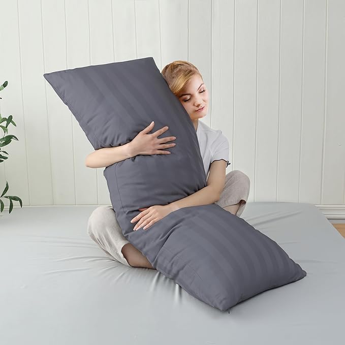 100% Cotton Soft Body Pillow Protectors with Invisible Zipper 20X54 Inches Body Pillow Cases, 600 Thread Count Soft Pillow Cases, Striped Dark Grey Color 1-Pack