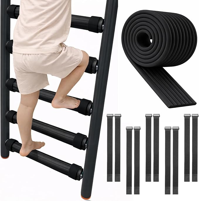 Bunk Bed Ladder Pads 6.5 Ft with 10 Adjustable Straps, Soft Foam Ladder Cover for Loft Bed, Cushioned Step Pads for Comfortable Climbing, Secure Fit, Black