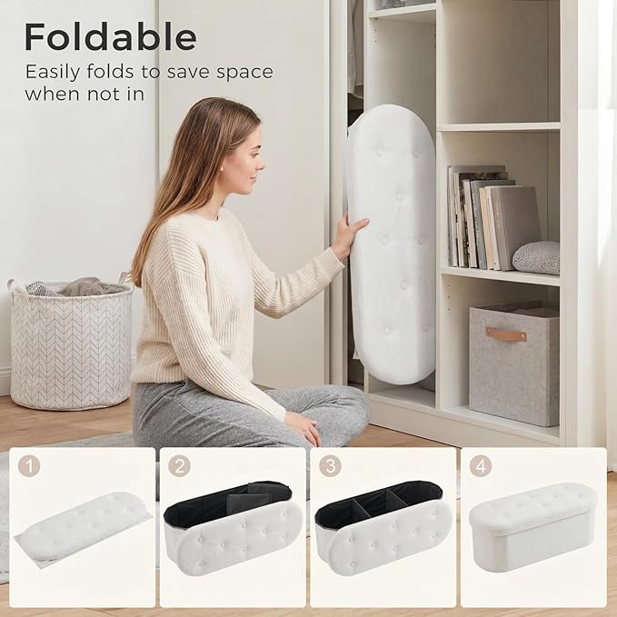 DUMOS Folding Storage Ottoman Bench, Oval Round Ottoman End of Bed Foot Rest Bench Stool with Cushion, Storage Chest for Bedroom, Living Room, Entryway, Dorm, Teddy Fabric, White