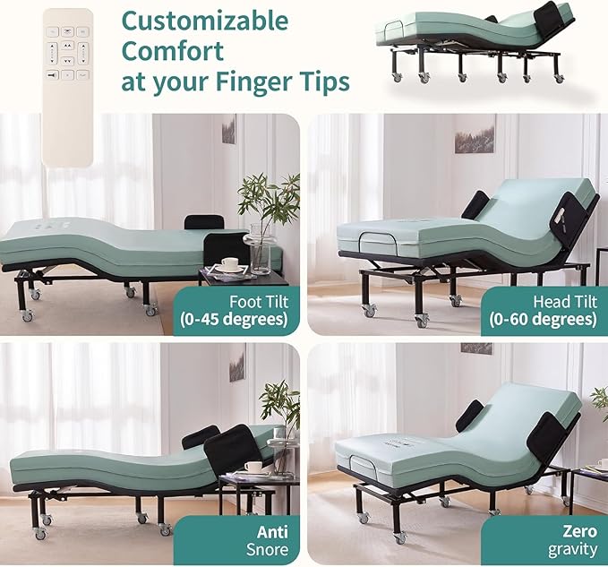 Split King Adjustable Bed Frame with Side Rails for Elderly Adults - with Mattress - 6" Convoluted Mattress, Wireless Remote, Under-Bed Light, USB Ports, Brake Wheel Legs Zero Gravity Electric Bed