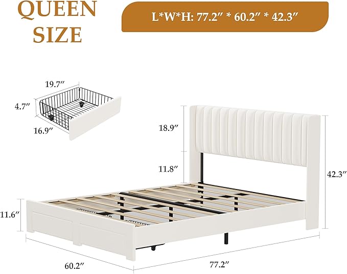 GAOMON Queen Size Upholstered Platform Bed Frame with 2 Under-Bed Storage Drawers, Velvet Wingback Headboard, No Box Spring Needed, Sturdy & Noise-Free, Cream White