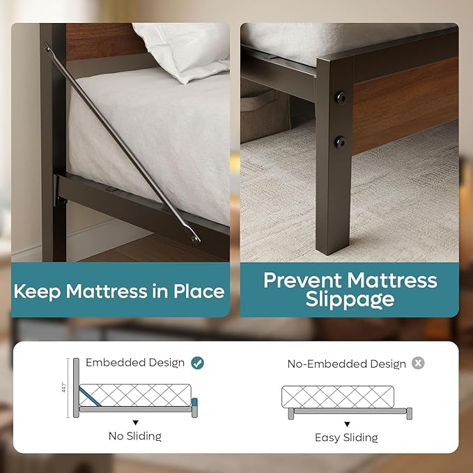 Bestier King Size Bed Frame with Headboard and Charging Station,Platform King Bed Frame with LED Light, Non-Slip Metal Bed Frame, Noise-Free, Easy Assembly,Walnut