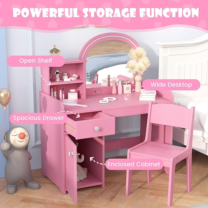 INFANS Kids Vanity, Princess Makeup Desk and Chair Set with Lights Mirror Drawer Storage Shelves, Wooden Dressing Table, Pretend Play Vanity Set for Girls