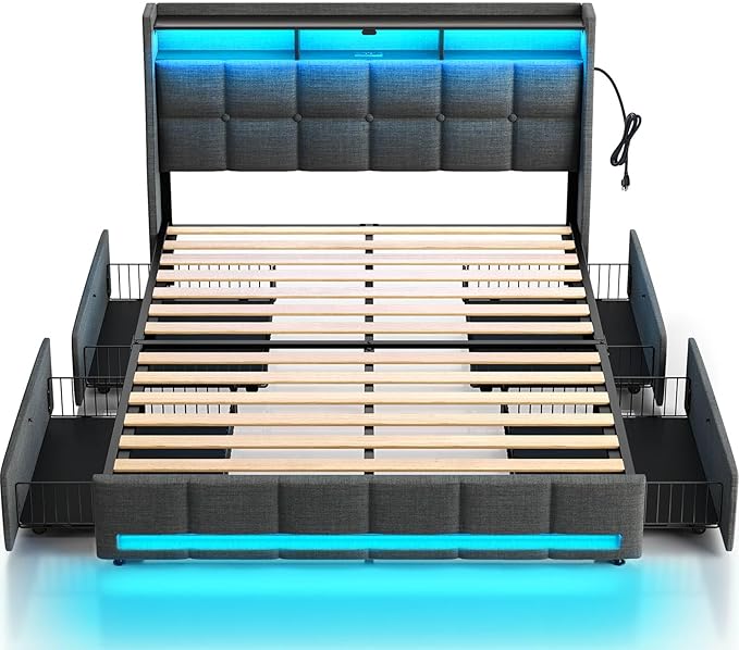 Rolanstar Queen Size Bed Frame with LED Lights and Charging Station, Upholstered Bed Storage Headboard & Drawers, Heavy Duty Wood Slats, Easy Assembly