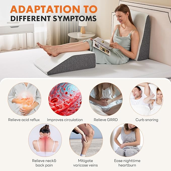 Sweetcrispy 7 Inch Wedge Pillow, Body Pillow for Snoring, Sleep Apnea, Neck Pain Relief, Post Surgery, Sleeping Comfort, White & Gray