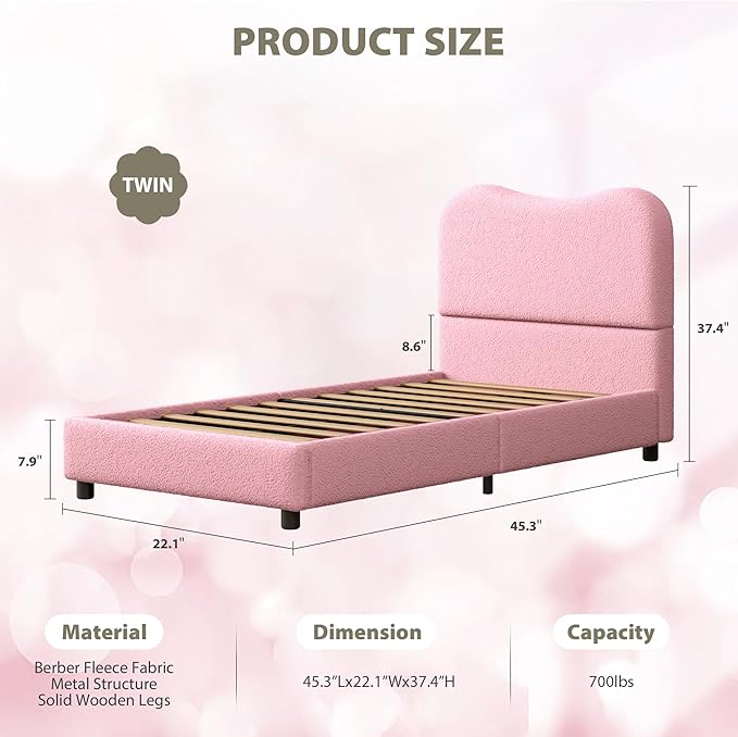 Boucle Twin Bed Frame for Kids with Upholstered Headboard, Low Profile Sturdy Platform Bed with Soft Boucle Fabric for Girls and Boys, Heavy Duty, Wooden Slats, Noise Free, No Box Spring Needed, Pink