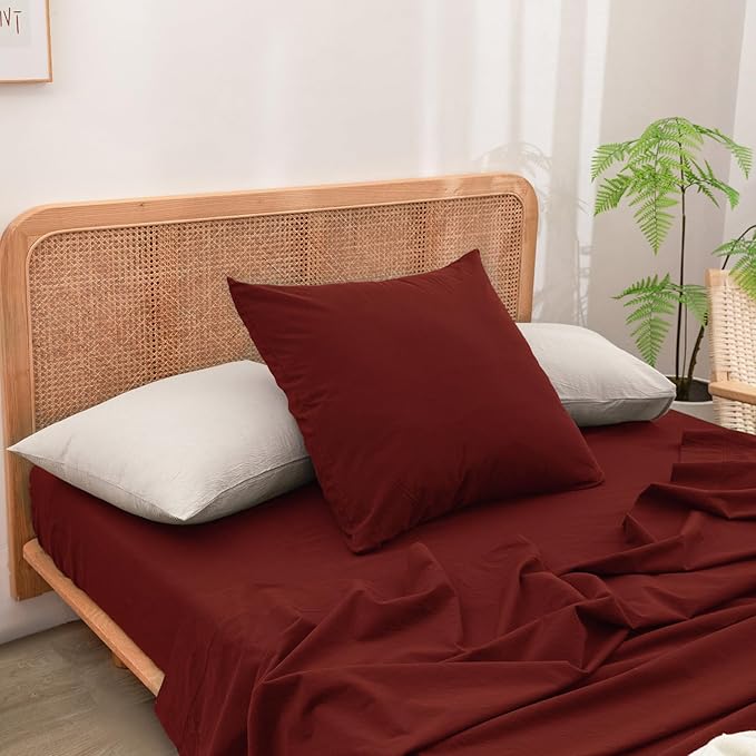 BESTOUCH 100% Washed Cotton Pillowcase for Hair and Skin Linen Feel Soft Comfortable Breathable 2 Set Pillow Case with Envelope Closure Solid Fired Brick Red Euro 26x26 Inches