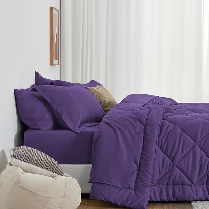 Love's cabin California King Comforter Set Purple, 7 Pieces California King Bed in a Bag, All Season Bedding Sets with 1 Comforter, 1 Flat Sheet, 1 Fitted Sheet, 2 Pillowcase and 2 Pillow Sham | Soft, Breathable, Lightweight, Comfortable