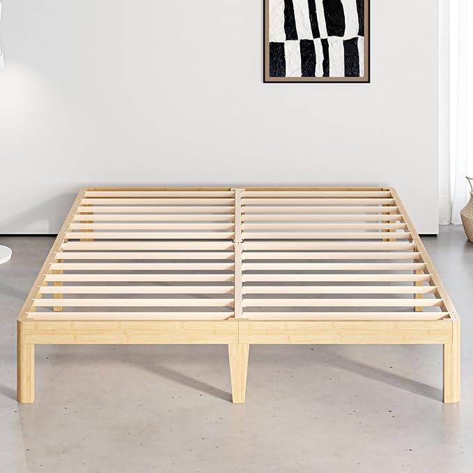12 Inch High Bamboo Wood King Size Bed Frame Platform, Steel Slat Support King Bed Frame, No Box Spring Needed, Easy Assembly, Noise Free, Sturdy