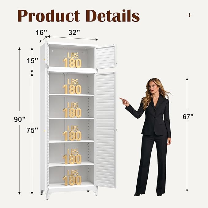 SteeLoong Kitchen Pantry Cabinet,90" Metal Storage Cabinet with Doors and 4 Adjustable Shelves,White Tall Locker Organizer Steel Garage Cabinets for Tool,File Cabinet for Office,Kitchen,Garage,School