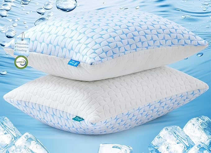QUTOOL Firm Pillow Shredded Memory Foam, Cooling Pillow for Hot Sleeper, Adjustable Bed Pillow for Side Back Stomach Sleepers, Washable Cover, CertiPUR-US Certified, Standard Size Set of 2