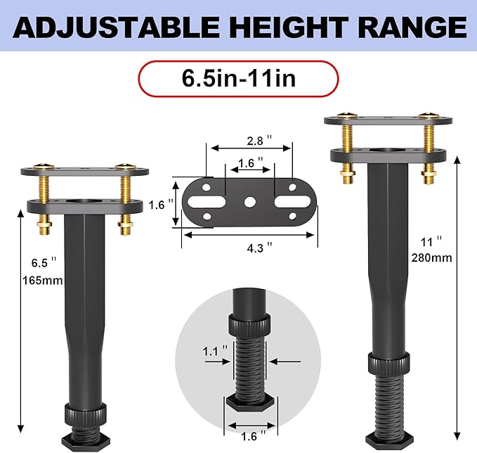 Yuleimy Adjustable Bed Center Support Legs (6.5"-11"), 3-in-1 Clamp-On (No Drill) & Screw-in Bed Slats Support, Heavy Duty Rust-Proof Polymer Replacement Legs for Queen King Metal/Wood Frame, 4 Pack