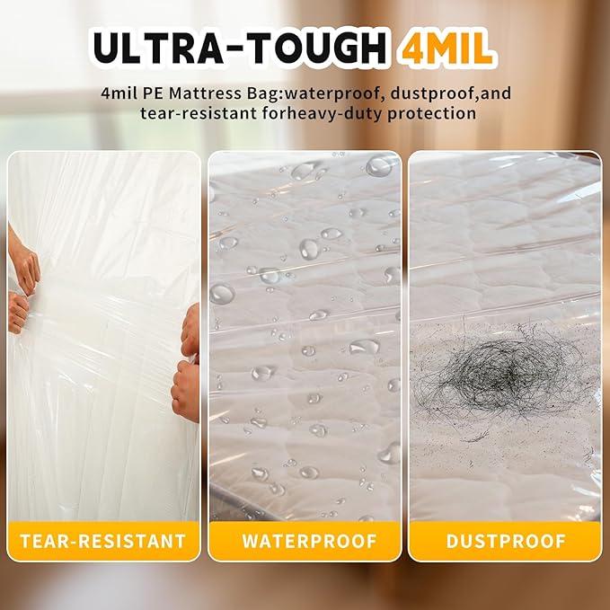 TopSoon 2PK Clear Plastic Mattress Bag - Moving & Storage Cover for Mattress or Box Spring - Heavy-Duty Disposal Supplies (4mil, Full)