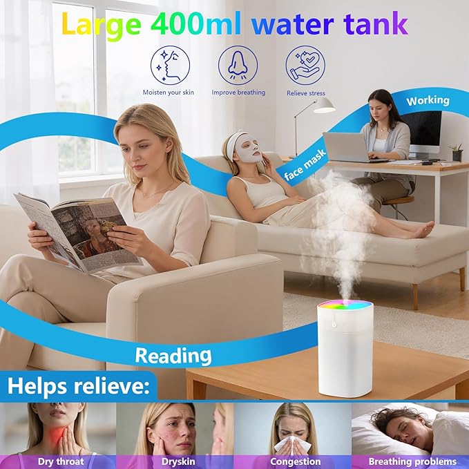 8 PCS Mini Humidifiers for Bedroom 400ml Portable Small Cool Mist Humidifier Super Quiet with 2 Modes Auto Shut-Off Small Humidifiers for Bedroom Travel Car Office Home Plant,White