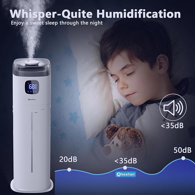 Akeshan Large Humidifier for Bedroom, 9L/2.5Gal Ultrasonic Cool Mist, Easy Clean with 350ML/H Large Mist Speed, Remote control, Quiet Tower, Suitable for Kids Room Plant Yoga