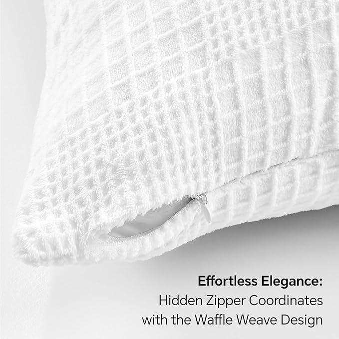 BEDELITE Flannel King Size Pillow Cases Set of 2, Decorative Waffle Weave Fleece Pillowcasess with Zipper for Bedroom, Sofa, Luxury Cozy Pillow Shams for All Seasons(20x40 Inches, White-Waffle)