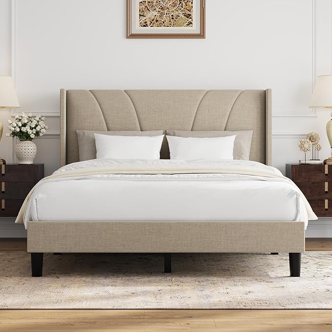 Novilla Queen Size Bed Frame, Queen Bed Frame with Headboard, Linen Upholstered Wing Side Headboard, No Box Spring Needed, Heavy Duty Feet, Easy Assembly, Beige