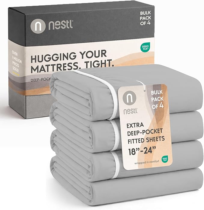 Nestl 4 Pack Light Grey Fitted Sheet Extra Deep Pocket, Hotel Luxury Cal King Fitted Sheet Only Easily Fits 18 to 24 Inch Mattress, Super Soft, Wrinkle-Free and Breathable with Corner Straps