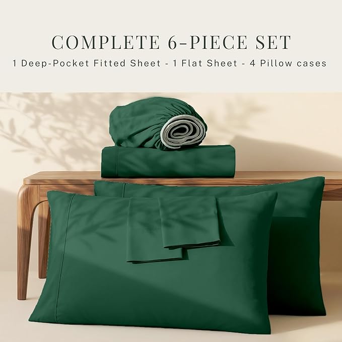Hearth & Harbor Bed Sheets, Luxury Soft 6 Piece Bed Sheet Set Extra Deep Pocket Fitted Sheets Fits Mattress up to 21", Double Brushed Bedding Sheets & Pillowcases, Split King, Dark Green