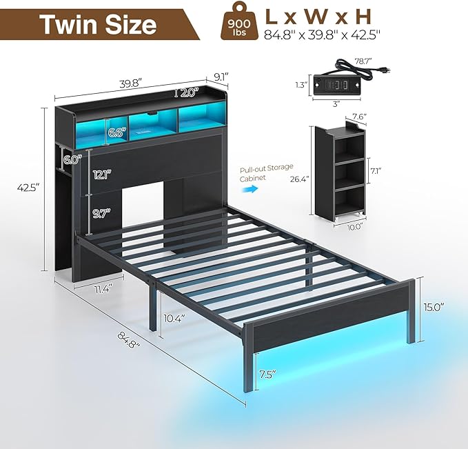 Rolanstar Twin Bed Frame with Bookcase Storage Headboard, Slide Out Bedside Storage, Bed with Charging Station & LED Lights, Heavy Duty Metal Slats, No Box Spring Needed, Noise Free, Black