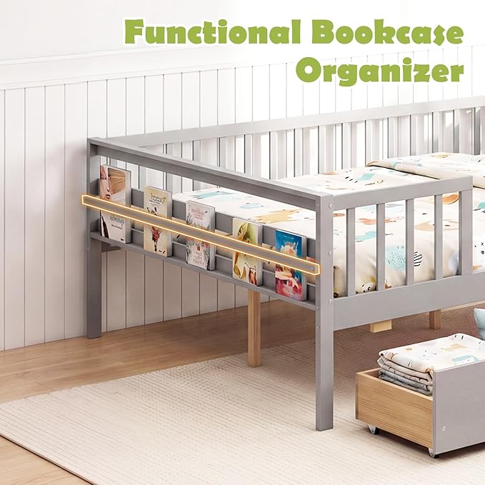Giantex Full Kids Bed with Storage Drawers, Wood Montessori Bed with Rails & Side Shelf, Low Daybed Bed Frame for Boys Girls, No Box Spring Needed (Grey)