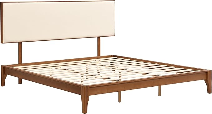Merax King Size Bamboo Platform Bed, Mid-Century Modern Bed Frame with Upholstered Adjustable Headboard, Wood Slat Support, No Box Spring Needed, Easy Tool-Free Assembly, Brown+Beige