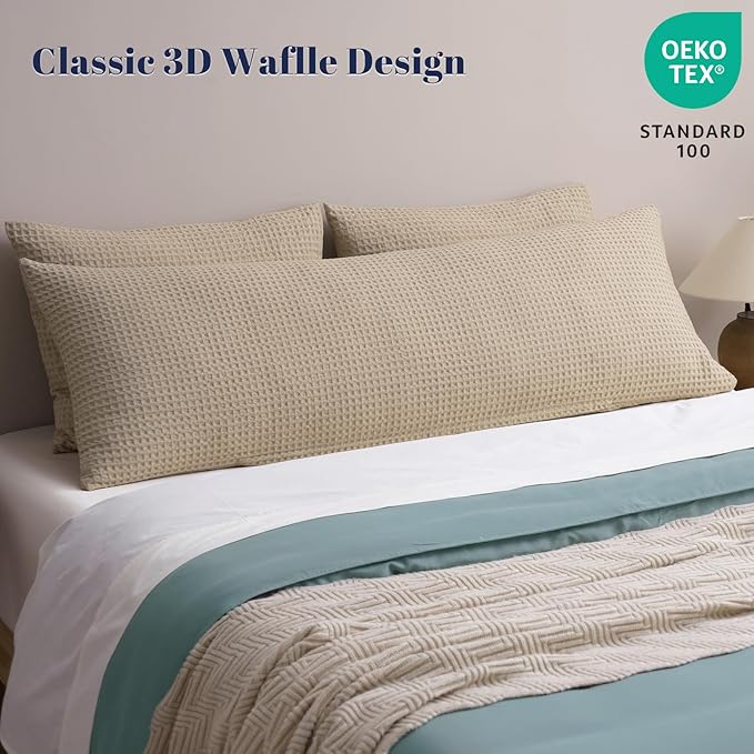 PHF Ultra Soft Waffle Weave Body Pillowcase with Zipper, No Insert, 1Pack 20" x 54" Pillow Sham, Breathable & Skin-Friendly Body Pillow case, Stylish Decorative Bed Pillow Cover, Khaki