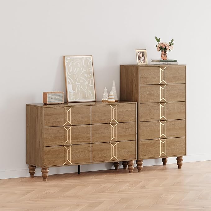 IDEALHOUSE Modern Wooden 6 Drawer Dresser with Vintage Pattern Design, Chest Dresser with Deep Drawers for Bedroom, Living Room and Entryway, Oak and Gold