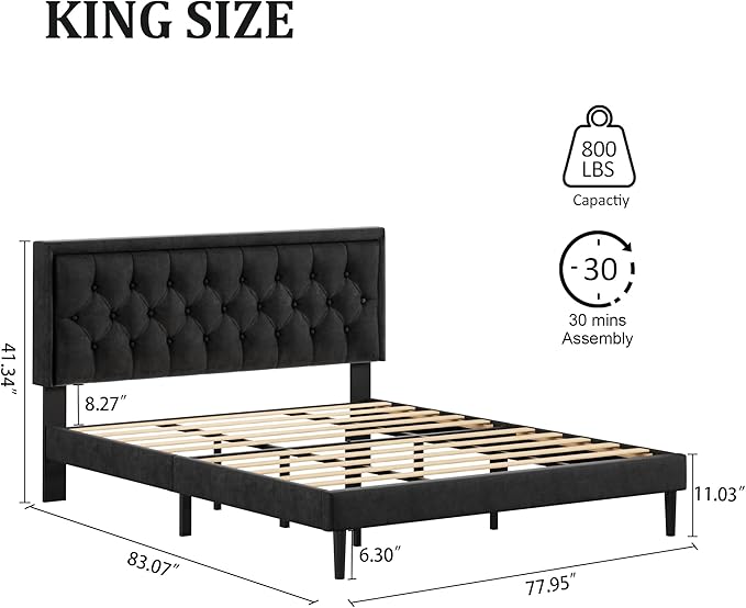 CXVX King Size Platform Bed Frame with Upholstered Velvet Button Tufted Headboard, Mattress Foundation with Wooden Slat Support, No Box Spring Needed, Easy Assembly, Noise Free, Black.