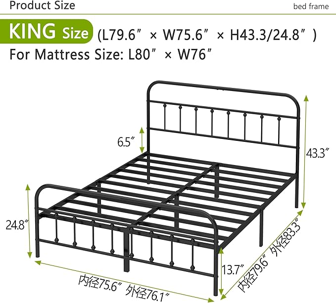 Kujielan Metal Bed Frame - Structurally Stable Heavy Duty Steel Slat Supported King Bed Frames,No Box Spring Needed for Easy Removal and Transport.