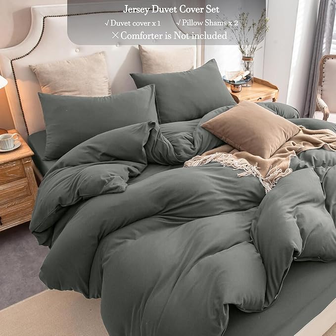 PURE ERA Jersey Knit Duvet Cover Set 100% T-Shirt Cotton Super Soft Comfy 3pc Bedding Set with Zipper Closure (Solid Dark Greenish Gray, Cal King)