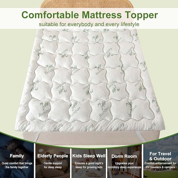 Whatsbedding Memory Foam Mattress Topper, 1500 GSM Thicker Slow Rebound Memory Foam Topper with Cooling Viscose Made from Bamboo Cover, 4 Blastic Bands