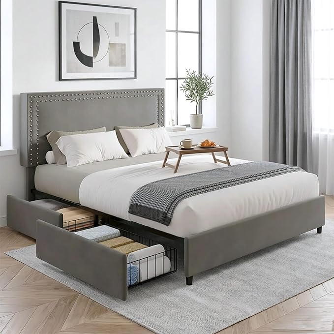 VECELO Full Size Upholstered Bed Frame with 4 Storage Drawers, Adjustable Velvet Rivet Decor Headboard, Wooden Slats Platform Support, No Box Spring Needed, Easy Assembly,Dark Grey