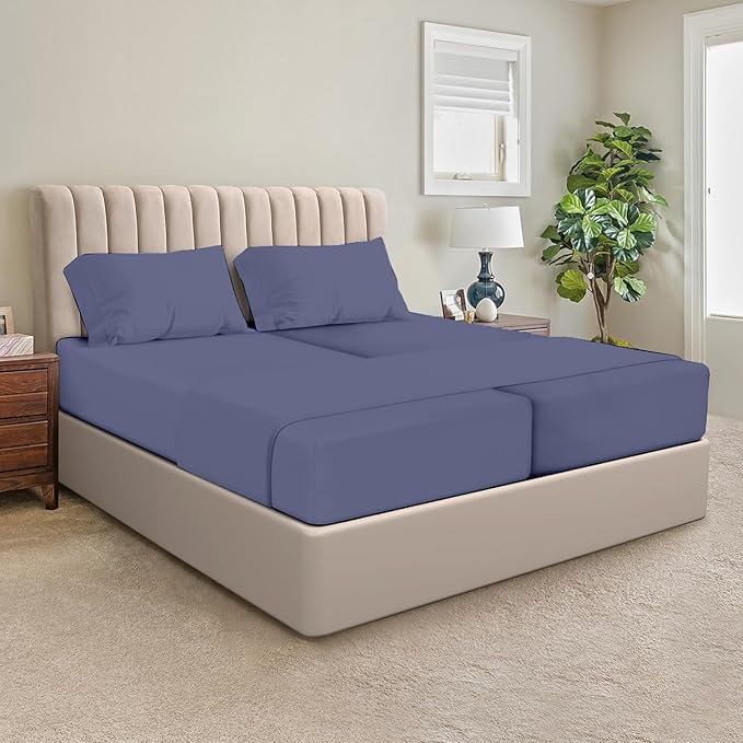 SGI Split King Sheet Set for Adjustable Bed Egyptian Premium Cotton 600 Thread Count Sheet for Sleep Number Bed 15" Deep Pocket 5 Pc Set with 2 Twin XL Fitted Sheets Soft Breathable Mediterranean Blue