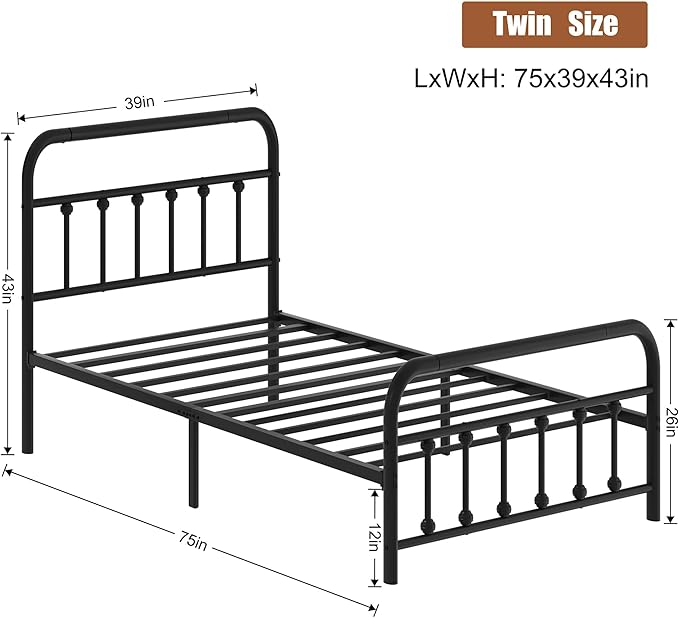 Shintenchi Twin Size Metal Platform Bed Frame with Headboard & Footboard, Steel Slat Mattress Foundation, Under Bed Storage, Noise-Free, No Box Spring Needed, Black Round