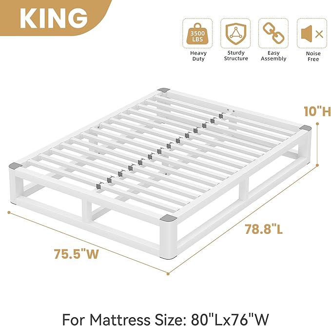 10 Inch King Size Bed Frame with Rounded Corner and Squeak Free U-Slot Design, Metal Platform Bed Frames 6 Non-Slip Guards, 3500lbs Heavy Duty Steel Slat Support, No Box Spring Needed, White