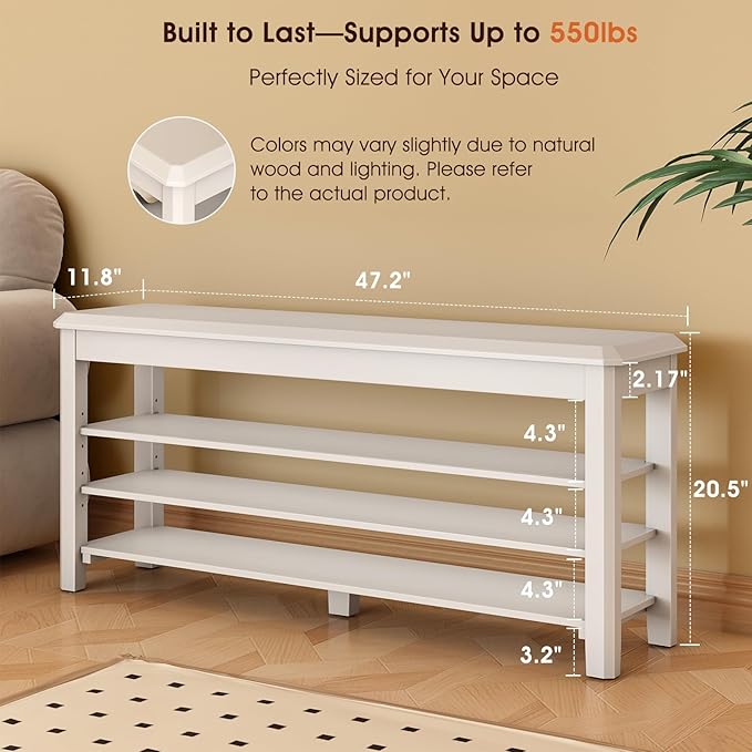 IUNVR Shoe Rack Bench Seat Rubberwood 3-Tier Wooden Storage Bench 550lbs Compact Mid-Century Modern Design for Entryway, Hallway, Closet, Front Door Entrance, Foyer