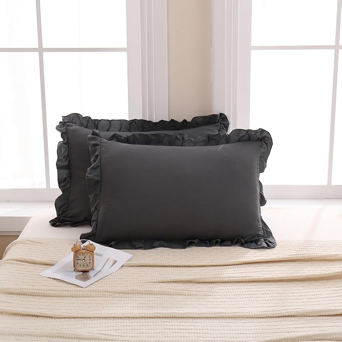 Merryword Dark Gray Pillow Shams Reversible Pillowcases Cute Pillow Cover Set of 2 Soft Shabby Chic Ruffled Pillowcases 2 Pack (Queen (20''x30''), Dark Gray)