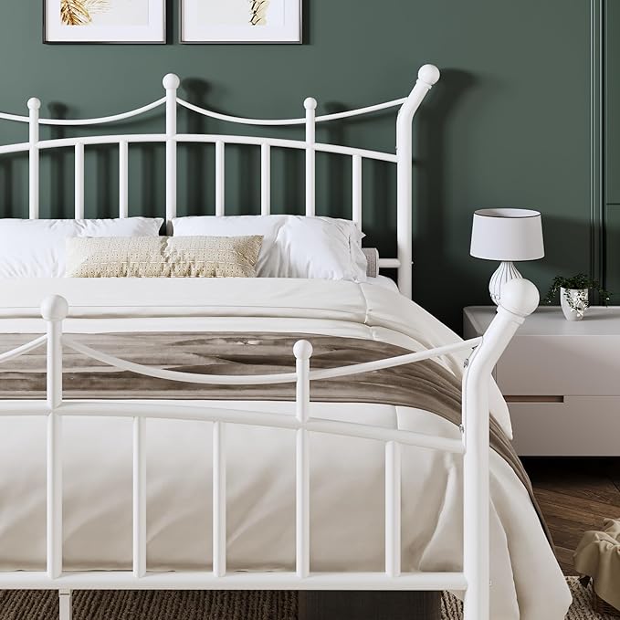 Allewie 14 Inches Queen Size Metal Platform Bed Frame with Elegant Crown Iron-Art Headboard & Footboard, Sturdy Mattress Foundation with Under-Bed Storage, Easy Assembly, No Box Spring Needed, White
